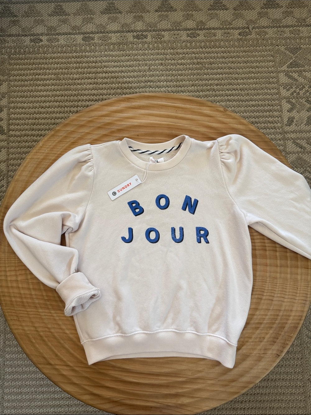 Sundry Cream Puff-Sleeve Sweatshirt with Blue 'BONJOUR' Letters